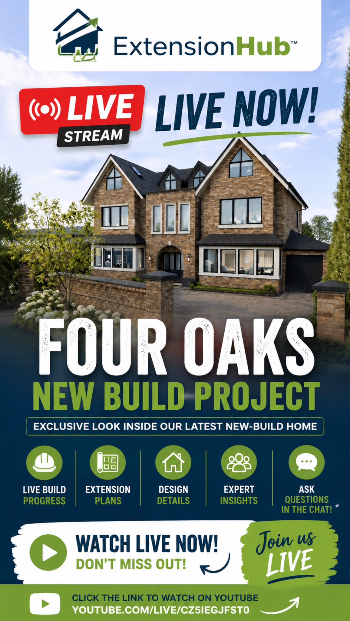 ExtensionHub live now — Four Oaks new build project. Watch live on YouTube.